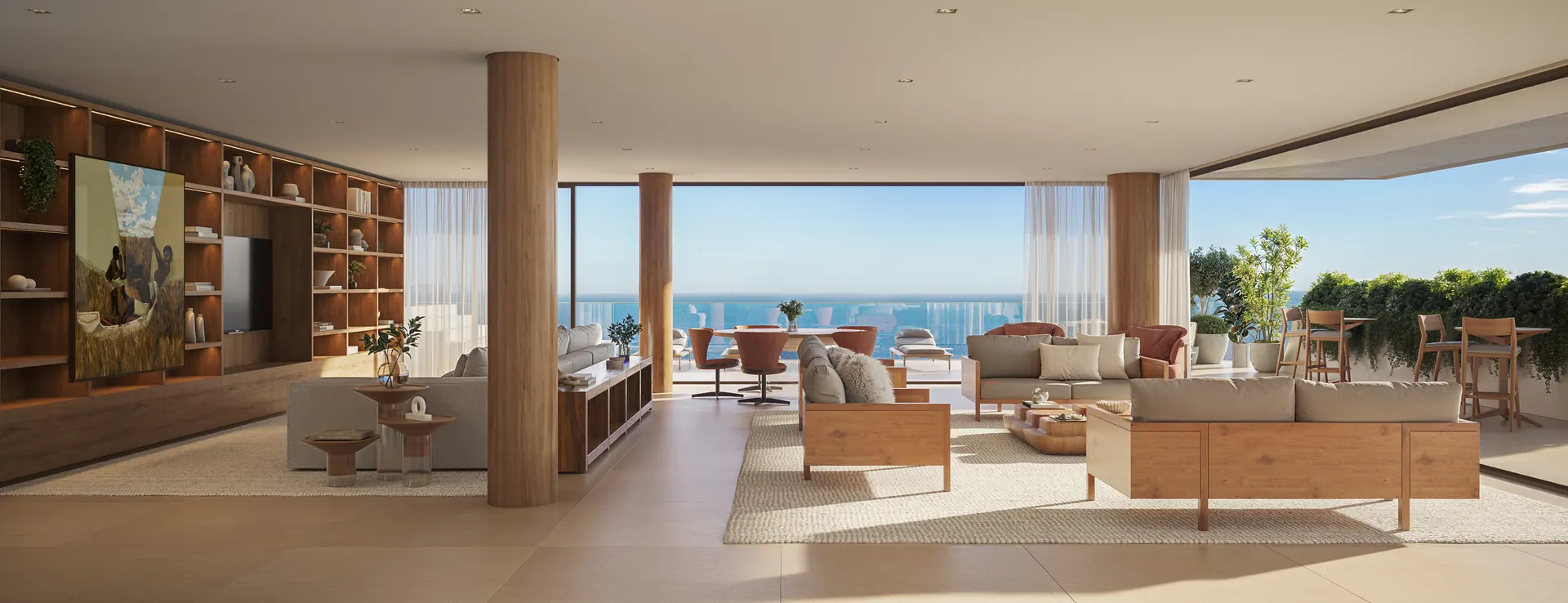 Sala com terraço, estantes e vista para o mar