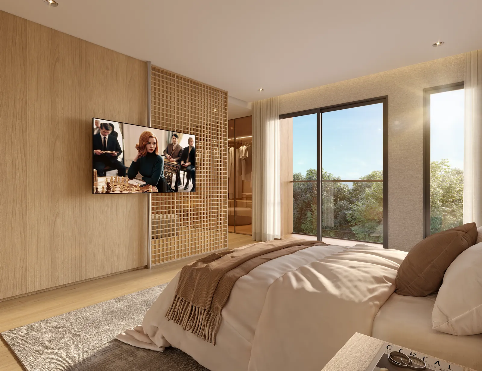 Suíte master com cama de casal, painel de madeira e janela para o verde