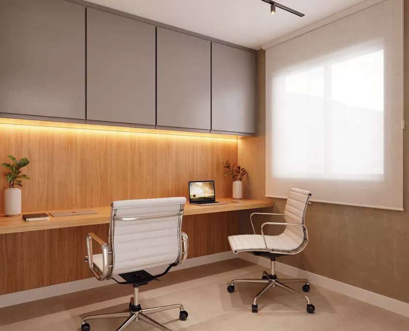O coworking do Basílio Tijuca, com bancada e cadeiras de escritório