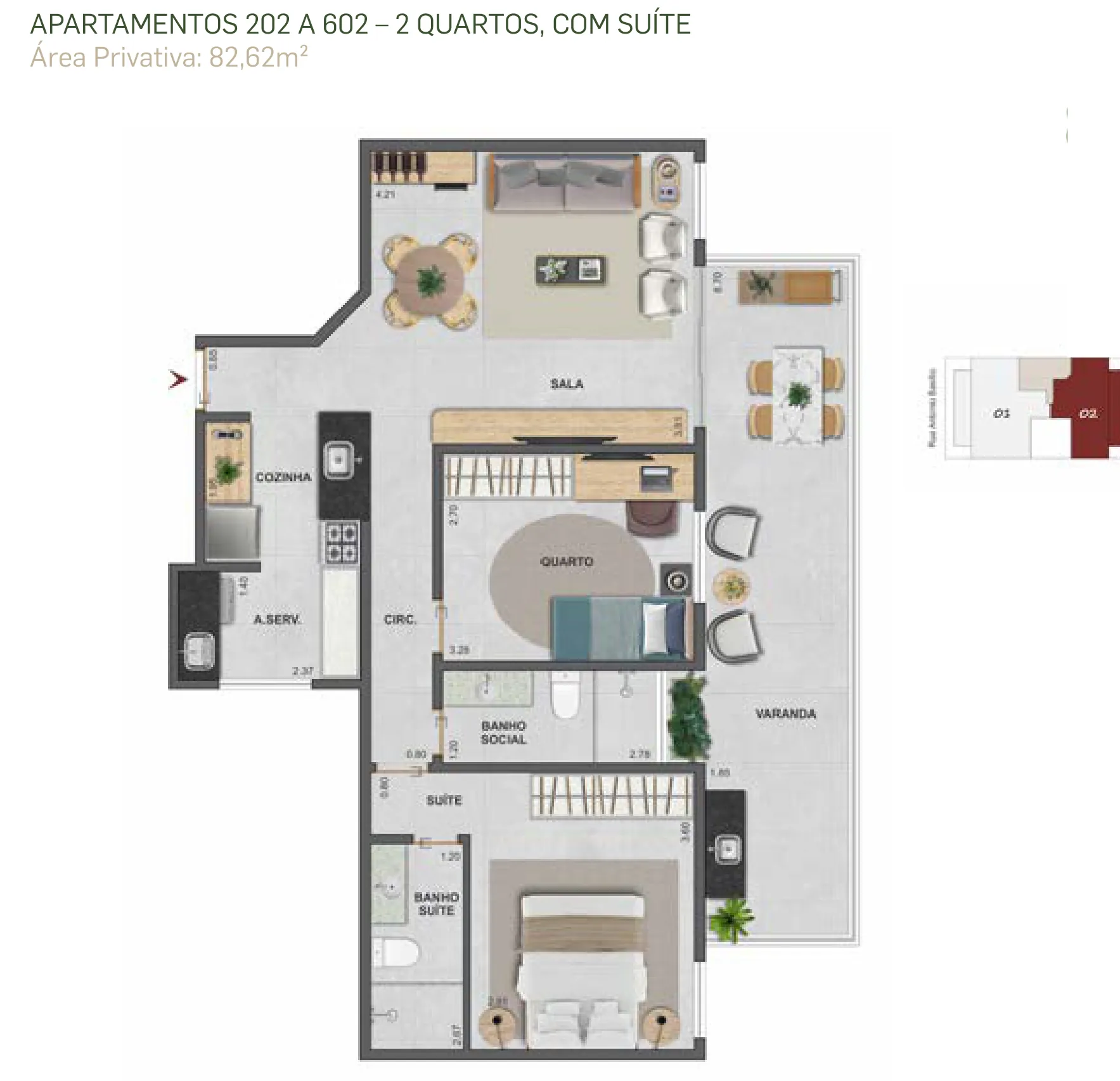 Planta humanizada: 2 quartos de 83 m² do Basílio