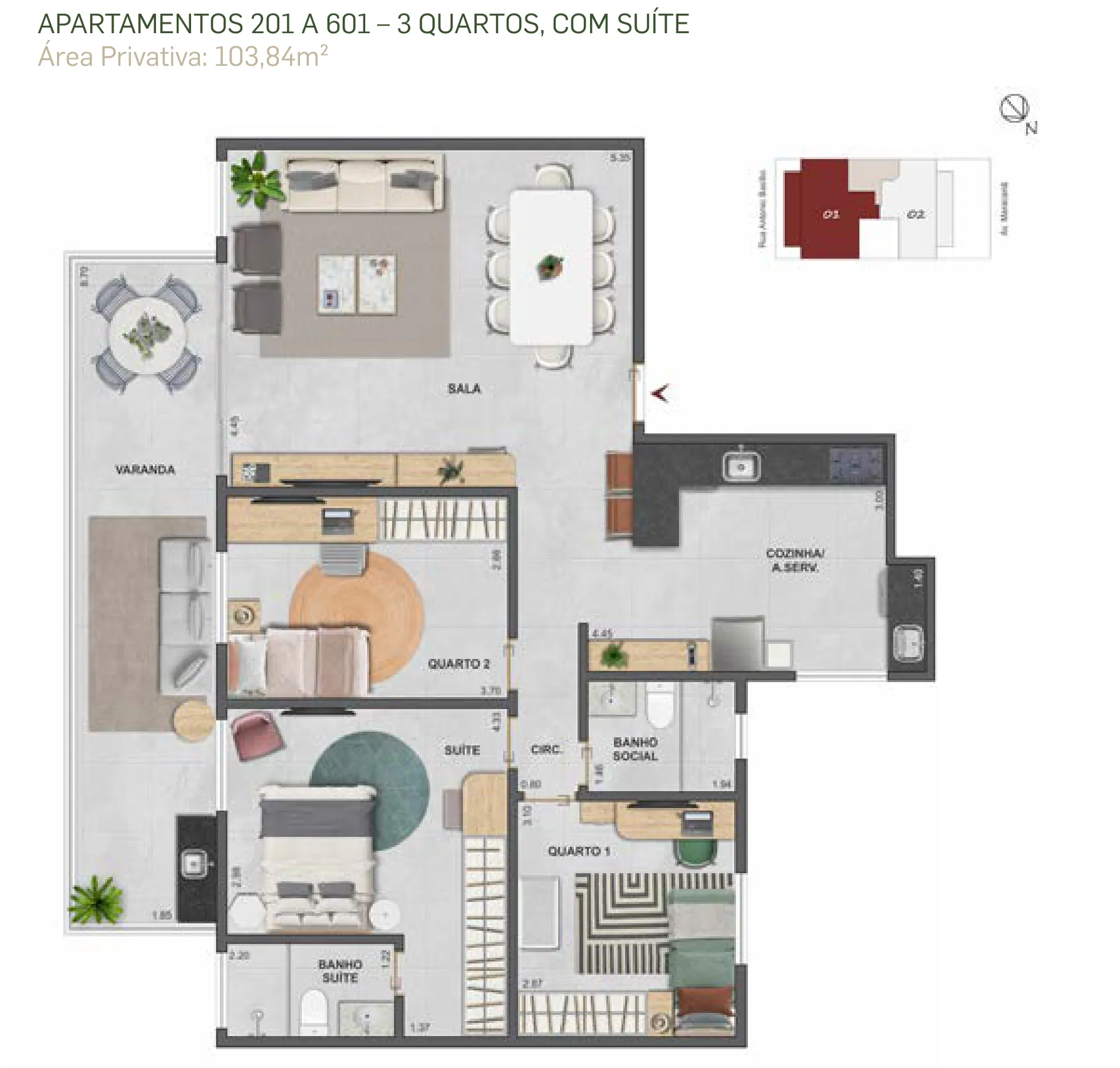 Planta humanizada: 3 quartos de 104 m² do Basílio