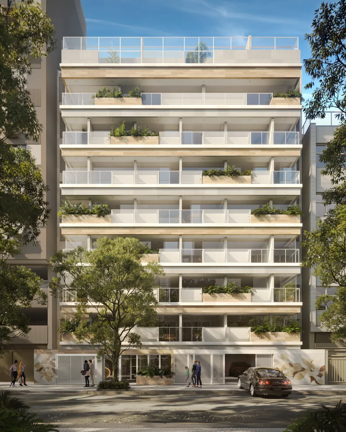 Fachada do Be.in.Rio Praia Ipanema, com varandas e jardineiras