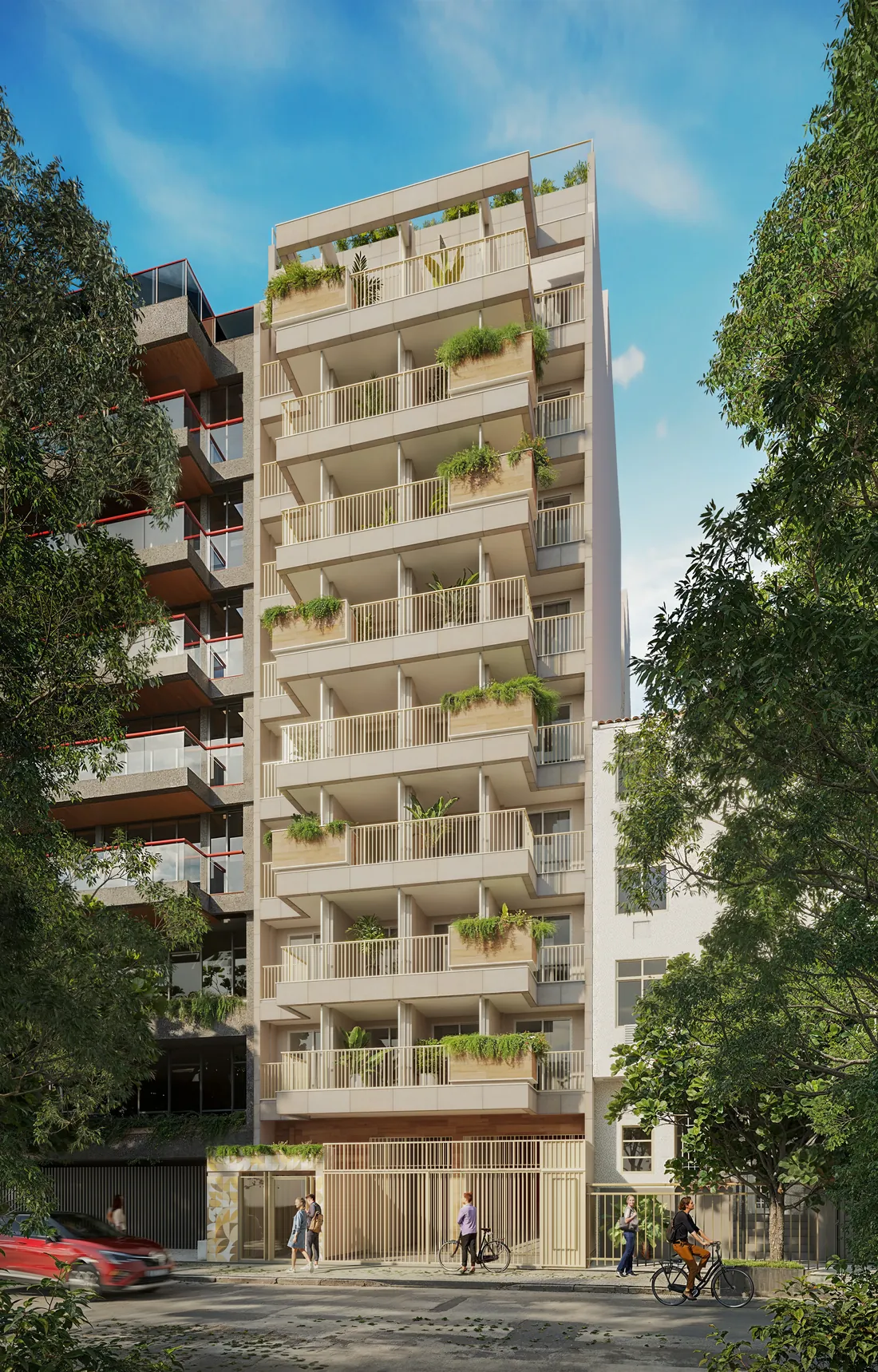 Fachada do Be.in.Rio Prudente 589, com varandas e jardineiras