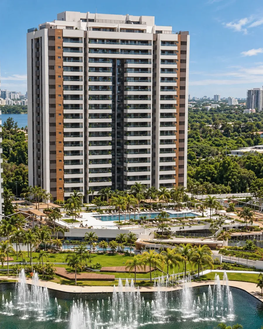 Torre do Pura por Artefacto com a área de lazer, o lago e os chafarizes à frente