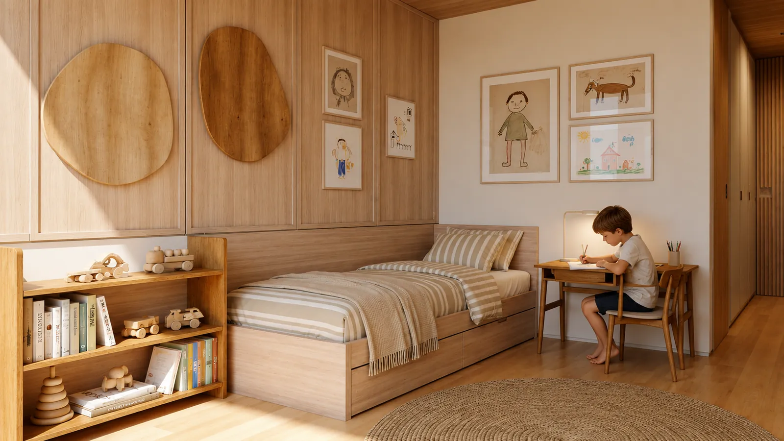 Quarto infantil com cama de solteiro, estante e escrivaninha