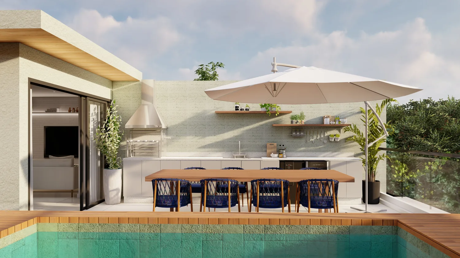 Varanda de cobertura com piscina, deck de madeira, churrasqueira e mesa para dez pessoas