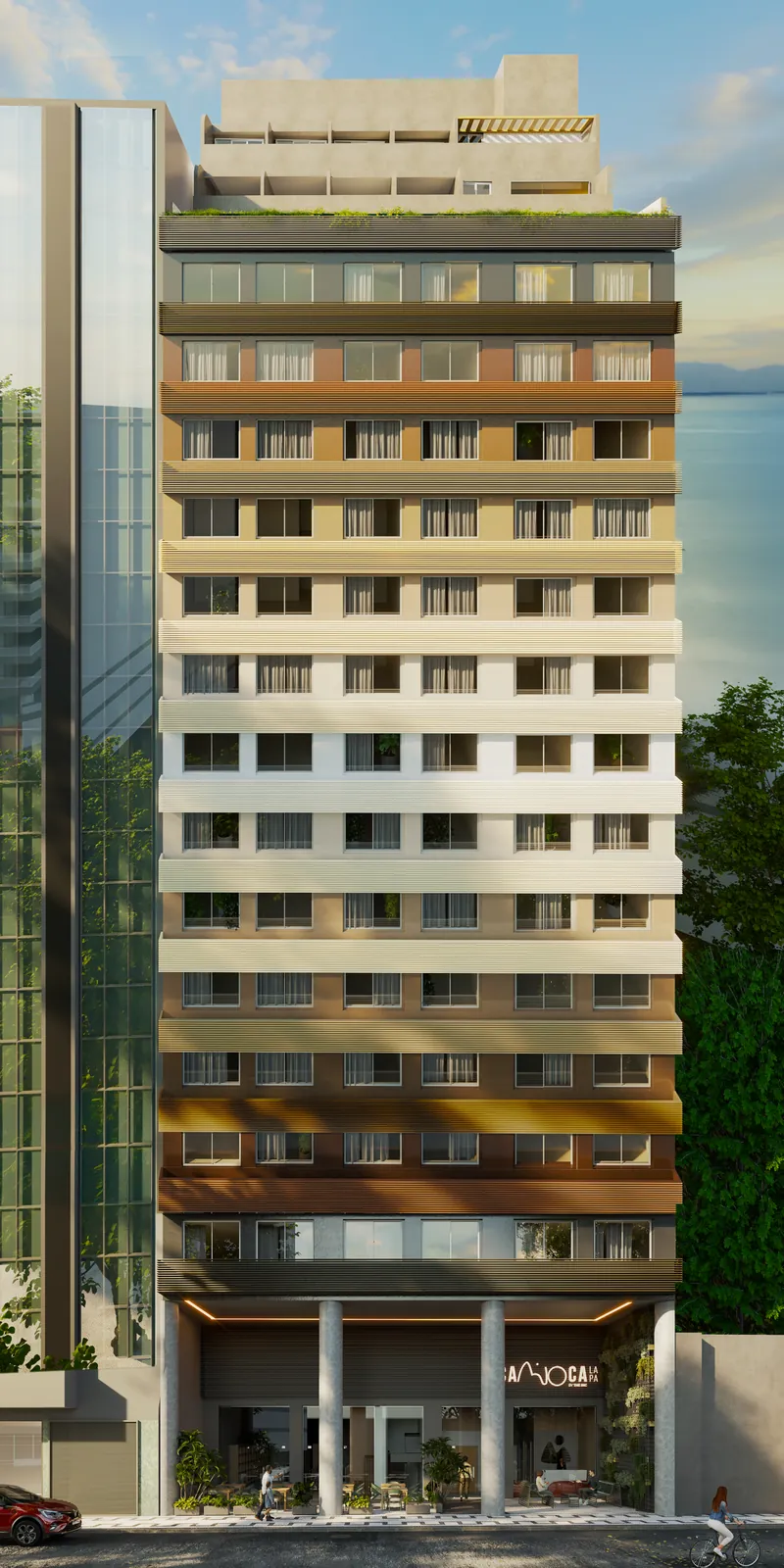 A fachada do Carioca Lapa, com as faixas de cor de cada andar e o rooftop no alto