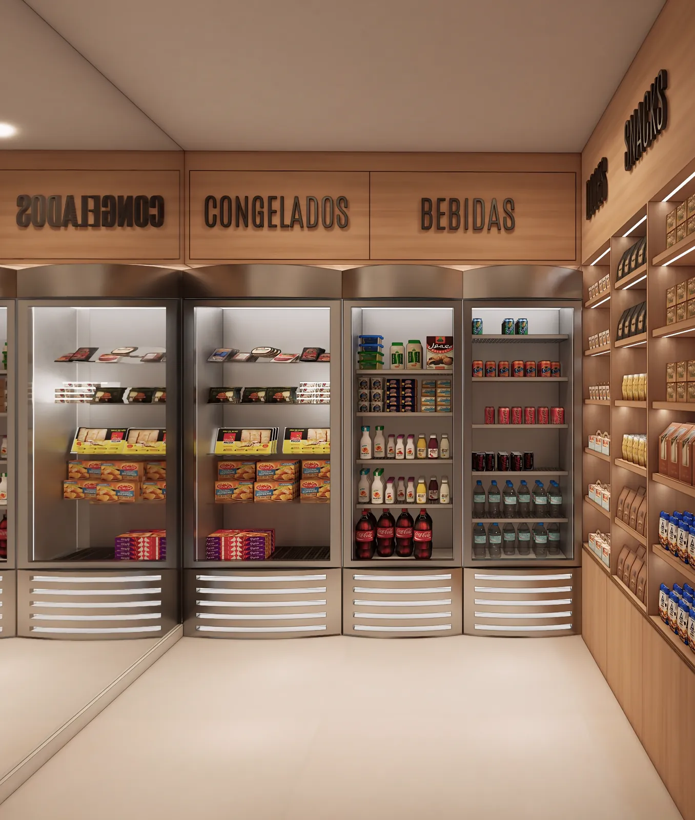 O mini market do Carioca Lapa, com geladeiras de bebidas e congelados