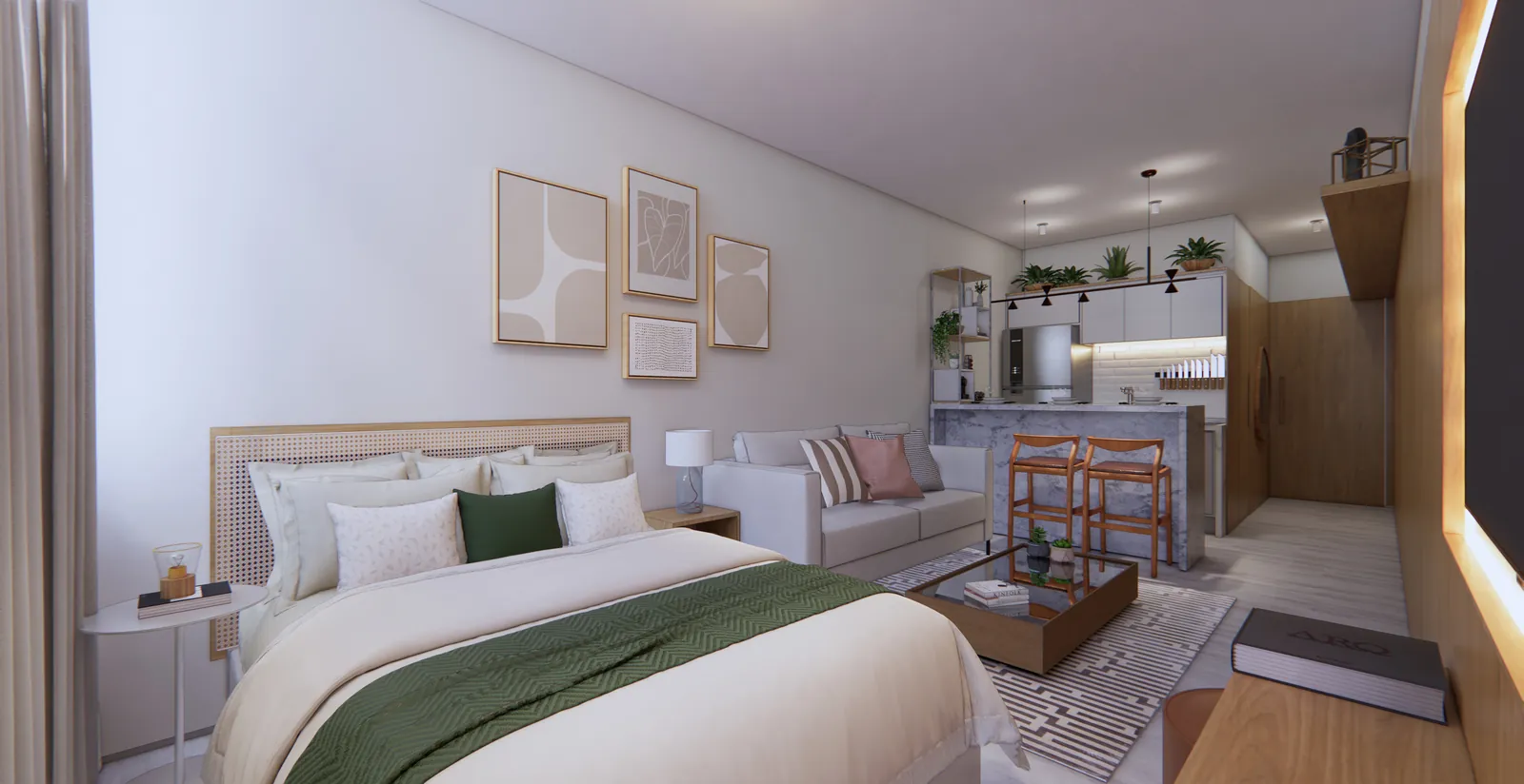 Um studio do Carioca Lapa com cama de casal, estar e cozinha ao fundo