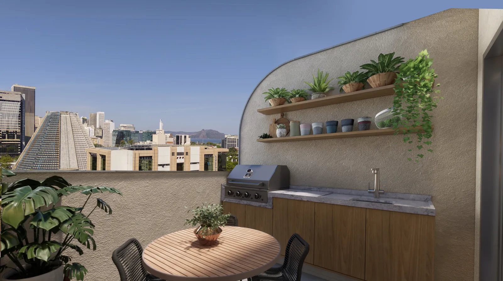 O terraço de um studio cobertura com churrasqueira, mesa e vista para a Catedral