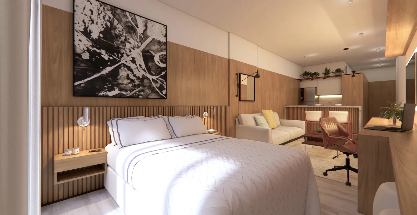 Um studio cobertura do Carioca Lapa com cama, estar e mesa de trabalho