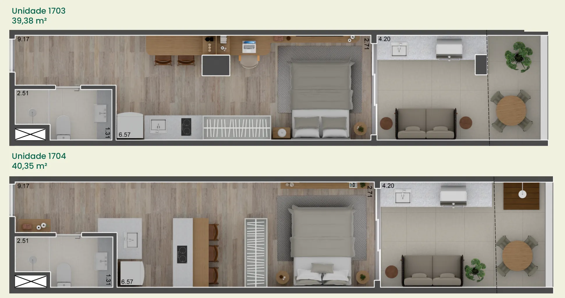 Planta humanizada: studios cobertura de 39 e 40 m² do Carioca Lapa