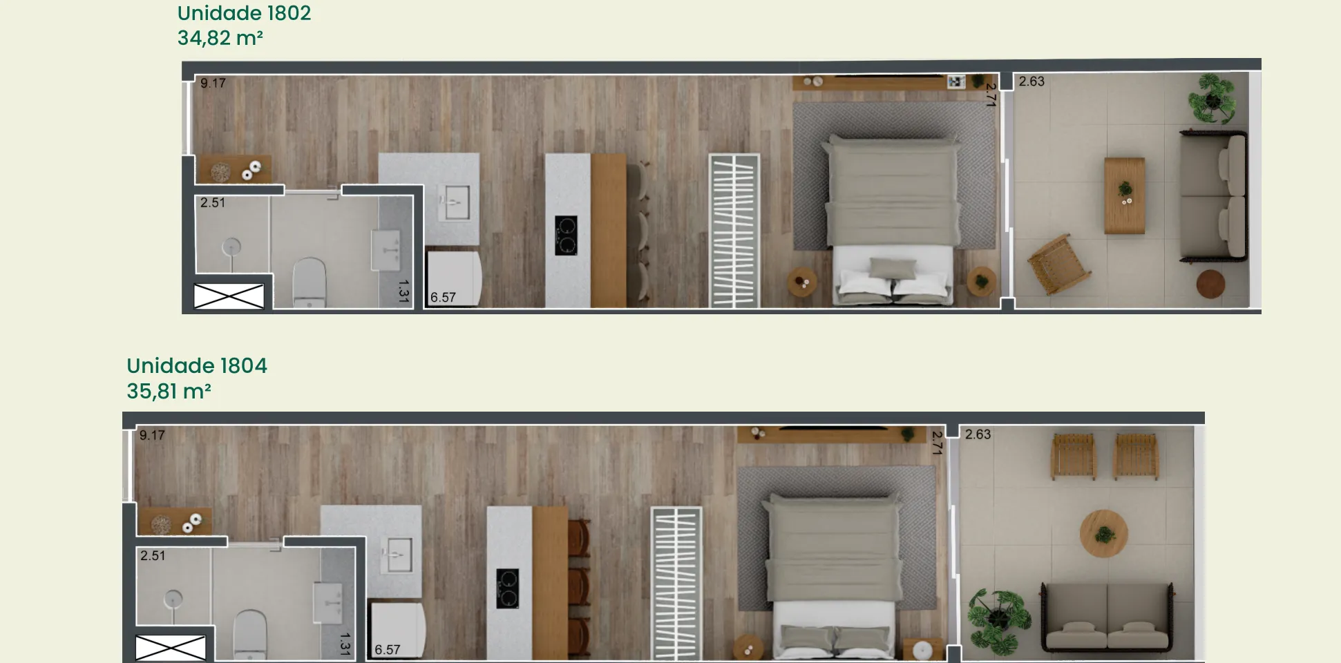Planta humanizada: studios cobertura de 35 e 36 m² do Carioca Lapa