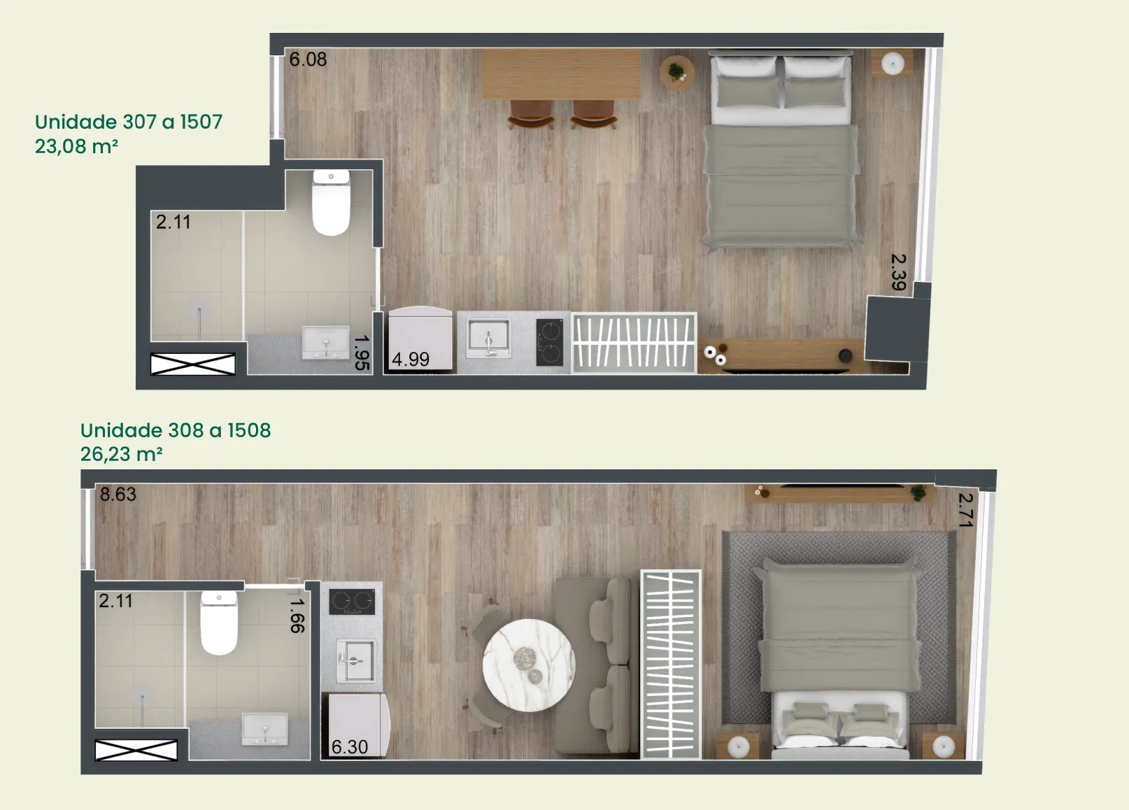 Planta humanizada: studios de 23 a 26 m² do Carioca Lapa