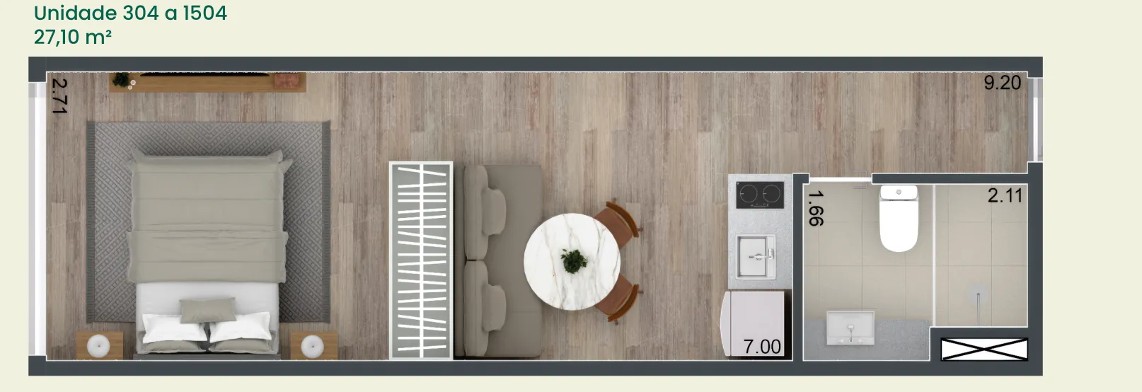 Planta humanizada: studios de 27 m² do Carioca Lapa