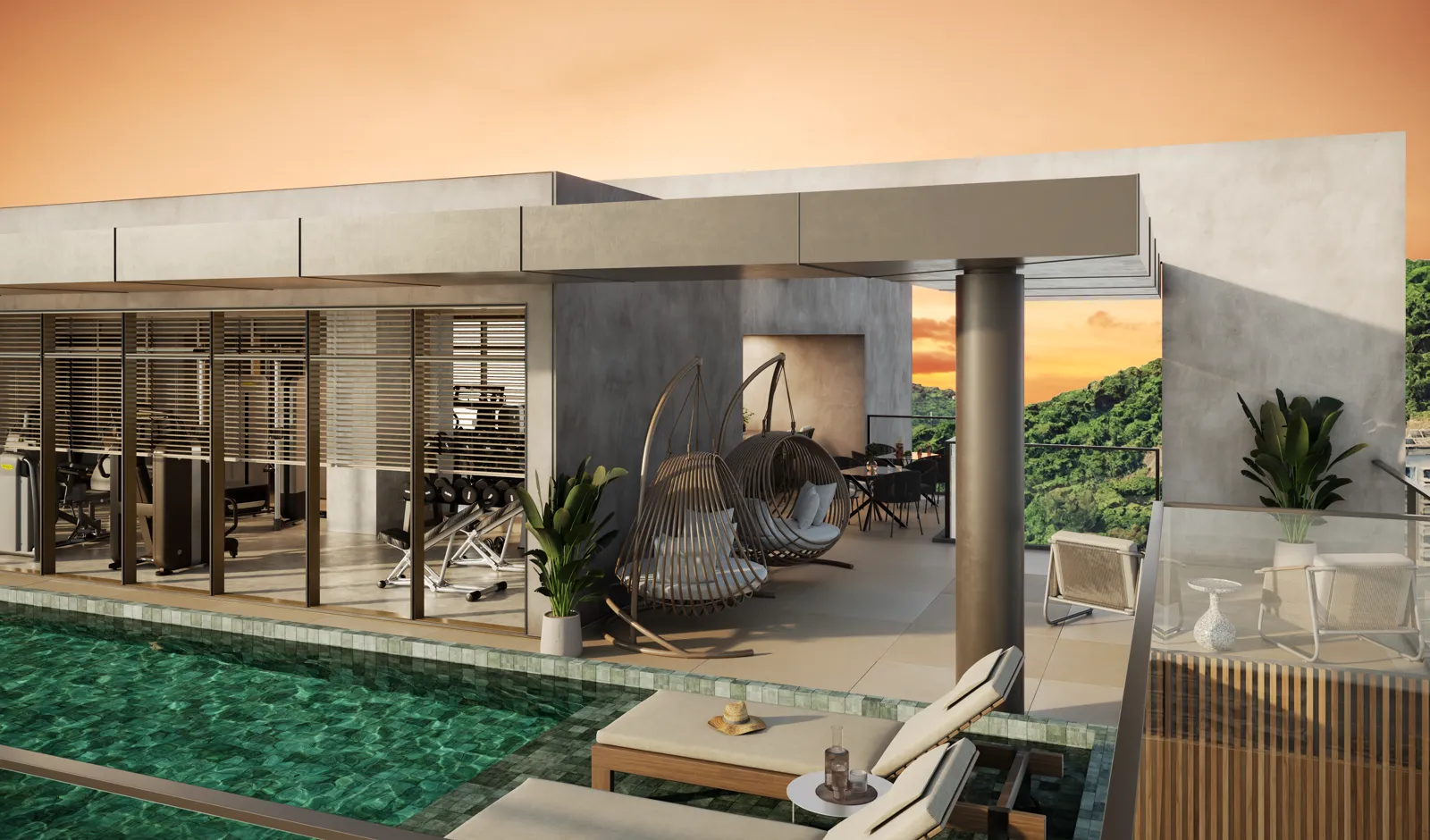 Deck do rooftop com redes suspensas ao lado da piscina