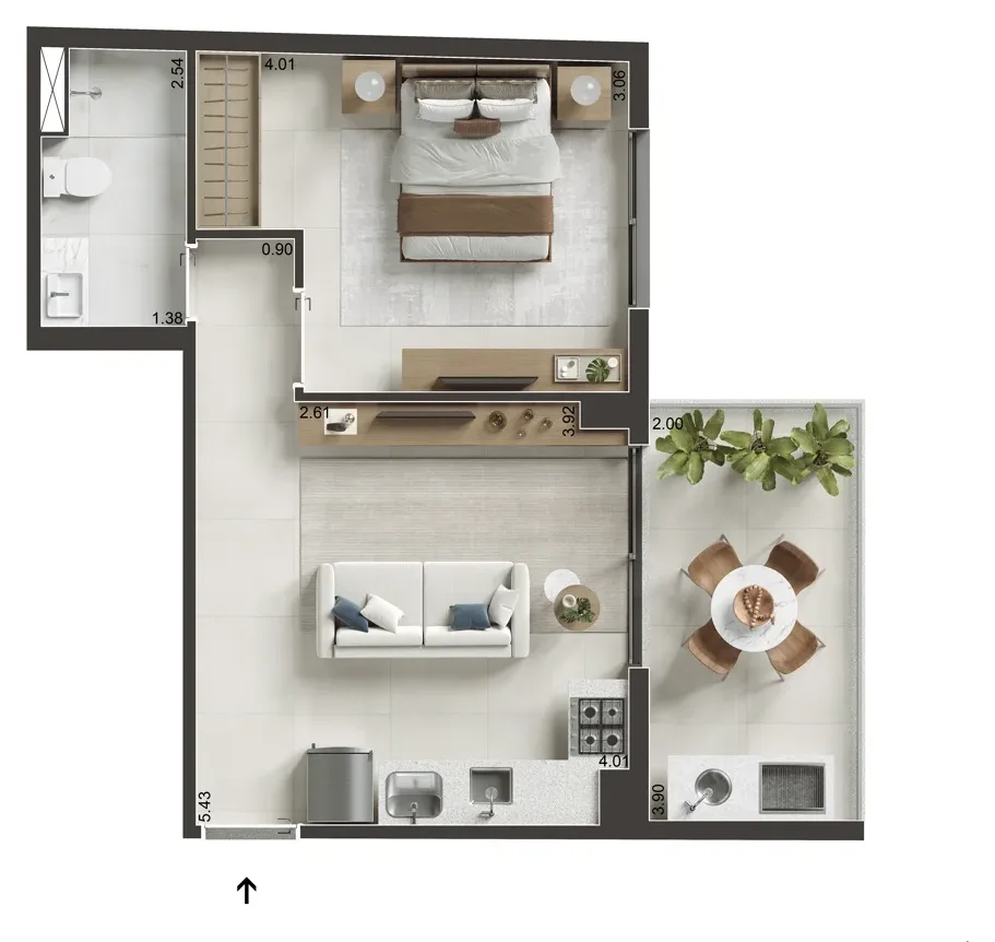 Planta: 1 quarto com varanda, 44,75 m²
