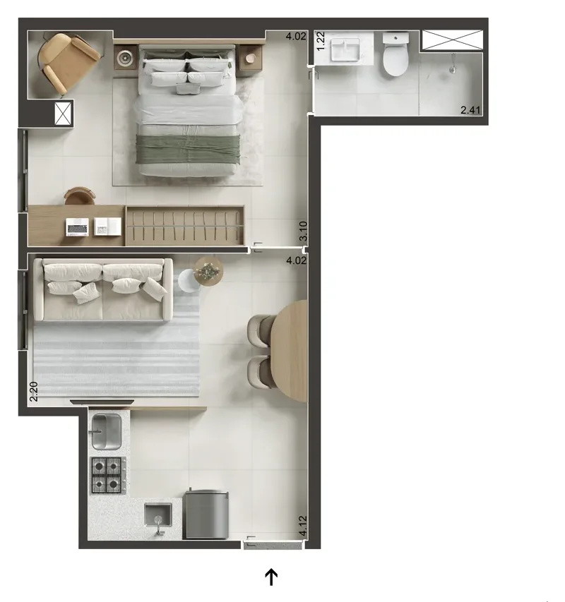 Planta: 1 quarto, 38,81 m²