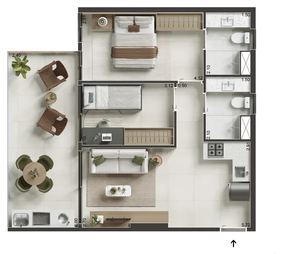 Planta: 2 quartos com varanda, 61,58 e 62,14 m²