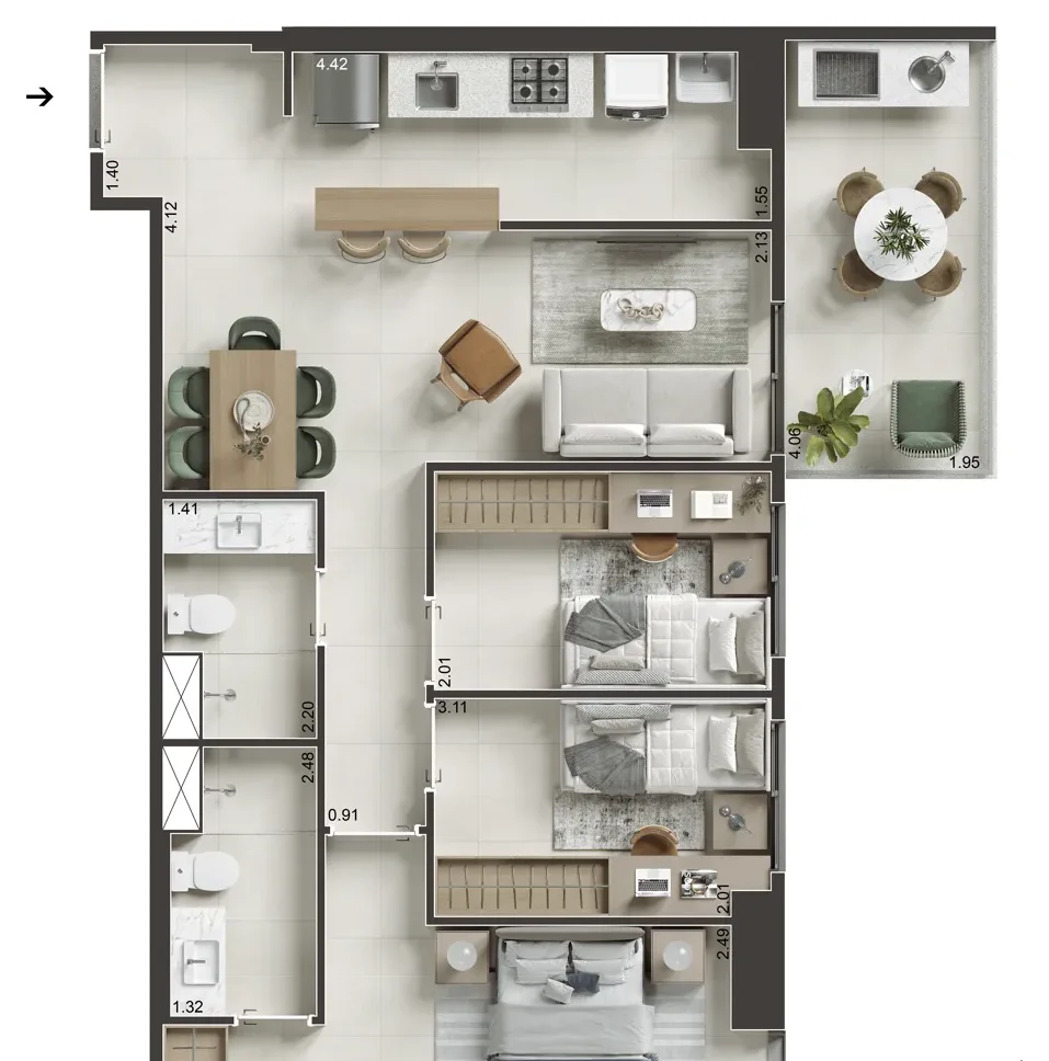 Planta: 3 quartos com varanda, 74,26 m²