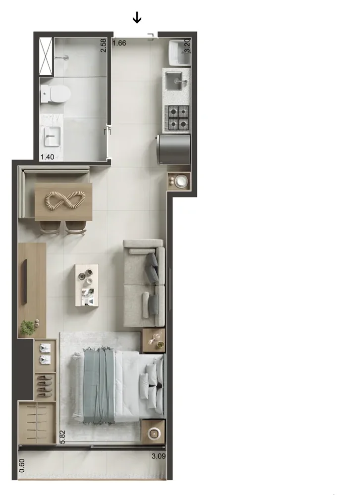 Planta: studio, 30 a 31 m²