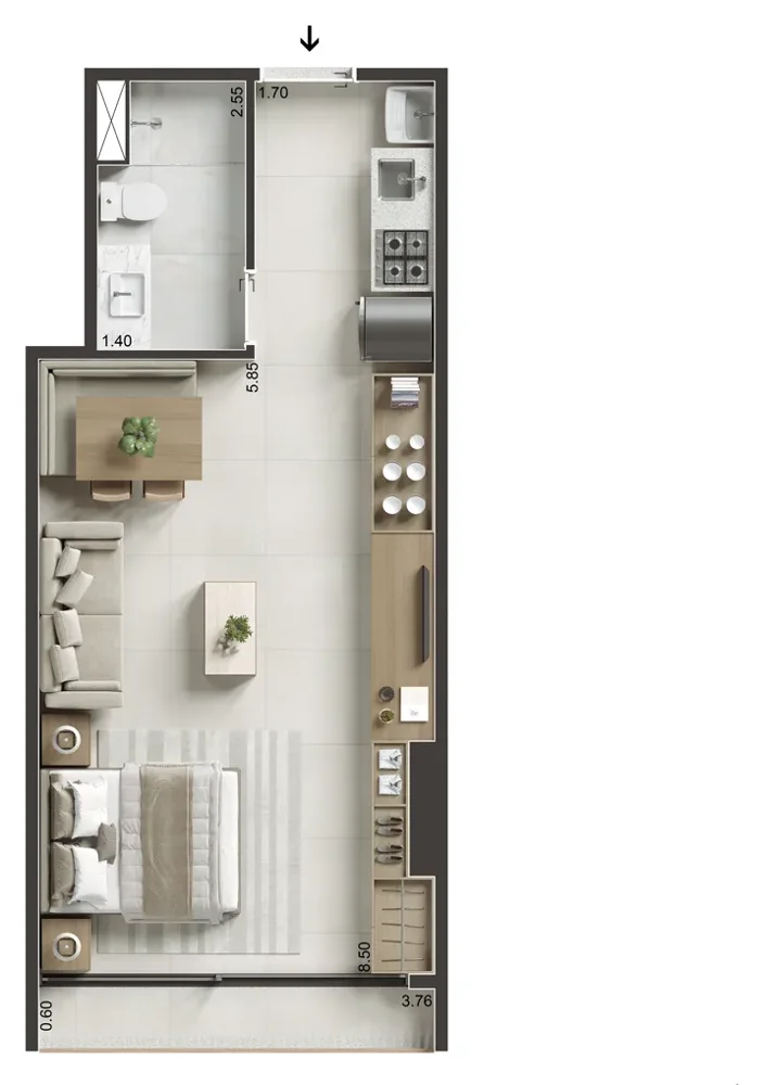 Planta: studio maior, 34 a 35 m²