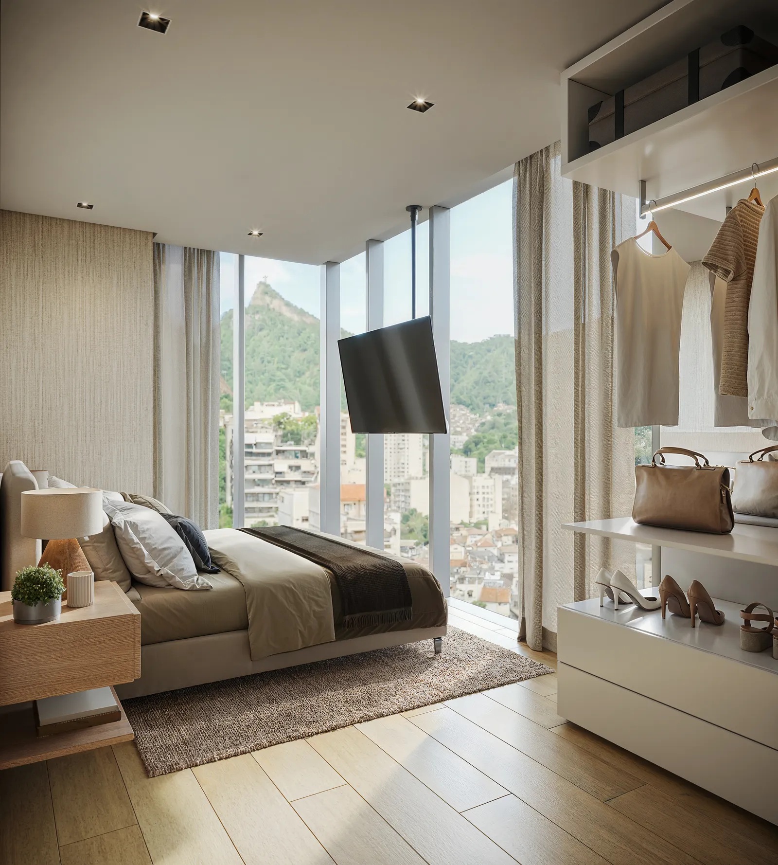 Quarto de casal com armário aberto e o Cristo pela janela