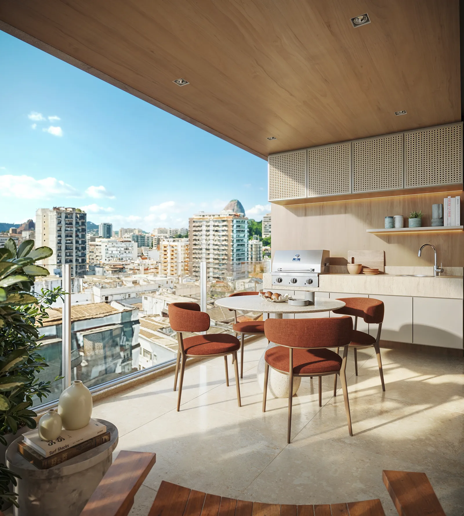 Varanda gourmet com mesa de jantar e vista para os prédios da Rua Moura Brasil