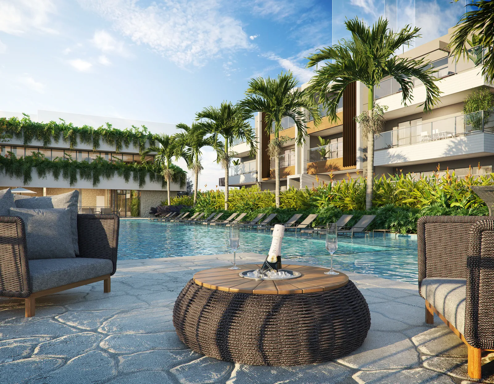 Lounge com sofás e ombrelones à beira da piscina