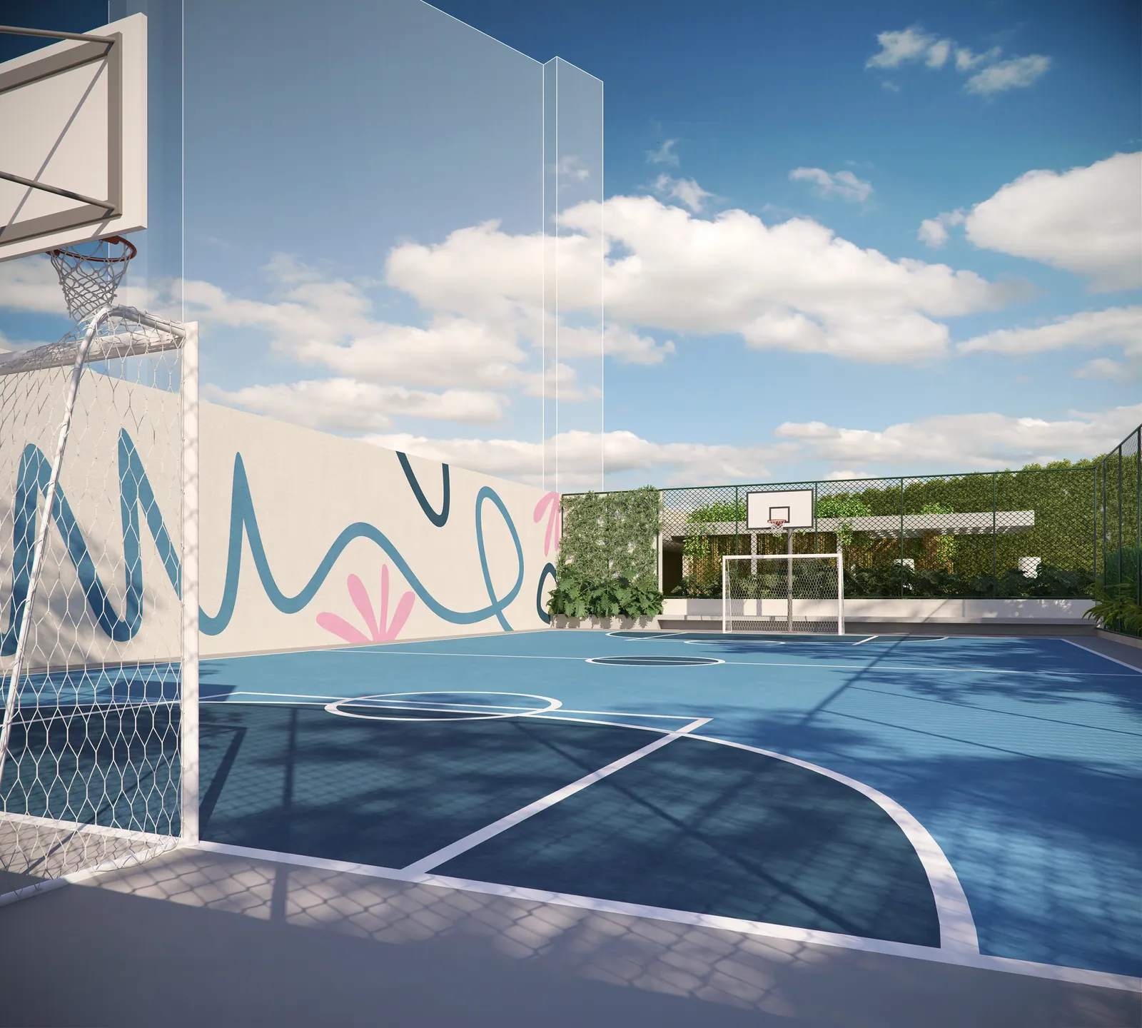 Quadra recreativa azul com tabela de basquete