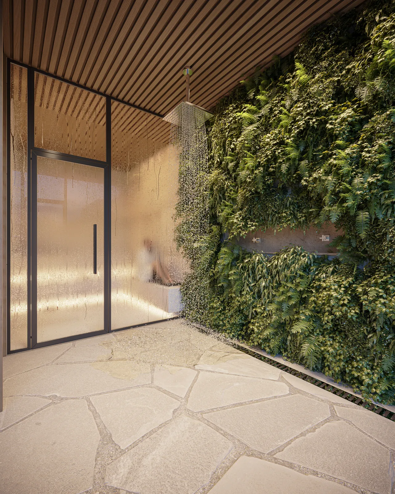 Sauna de madeira com duchas ao lado