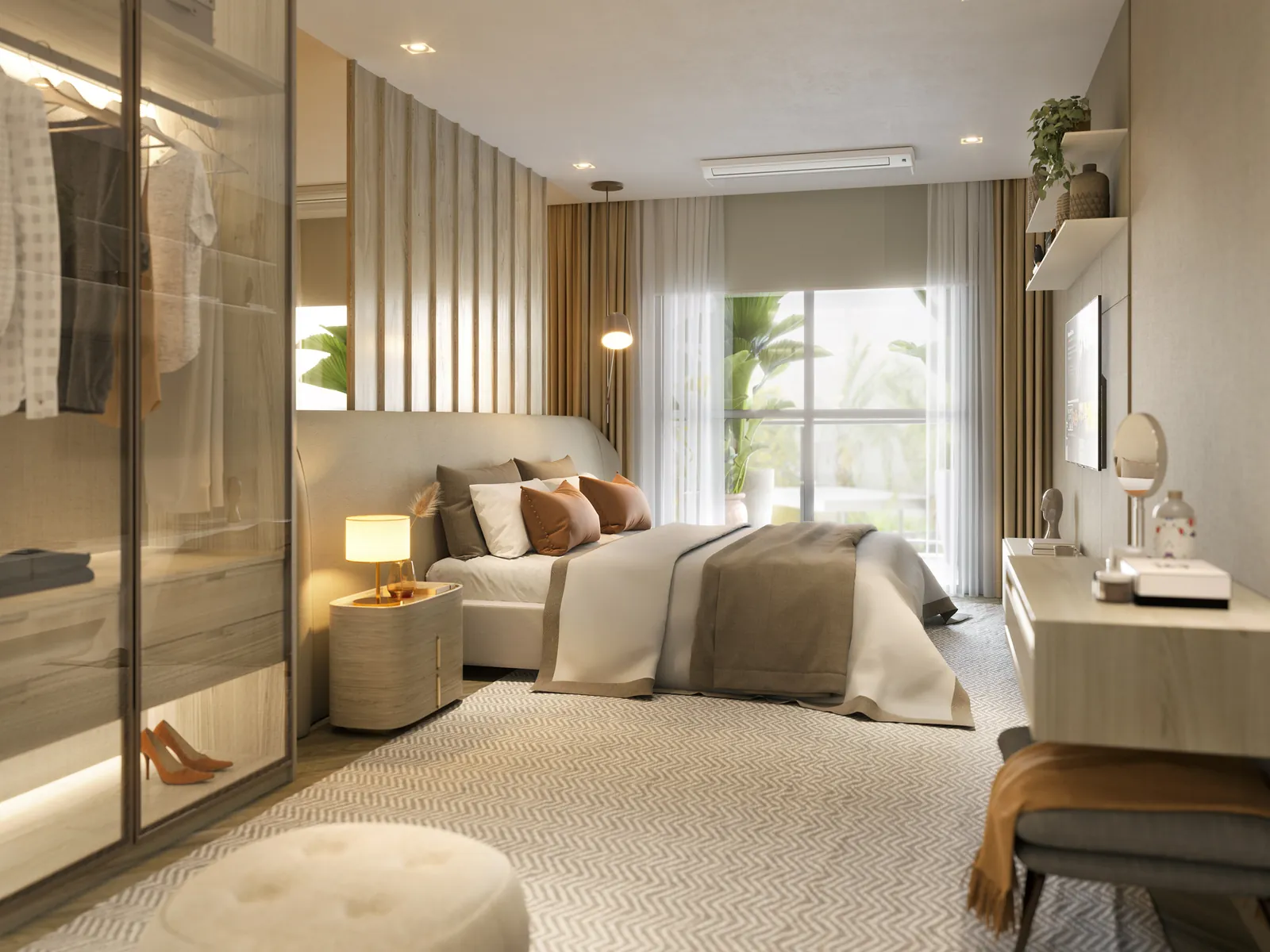 Suíte master com cama de casal, closet e janela para o verde