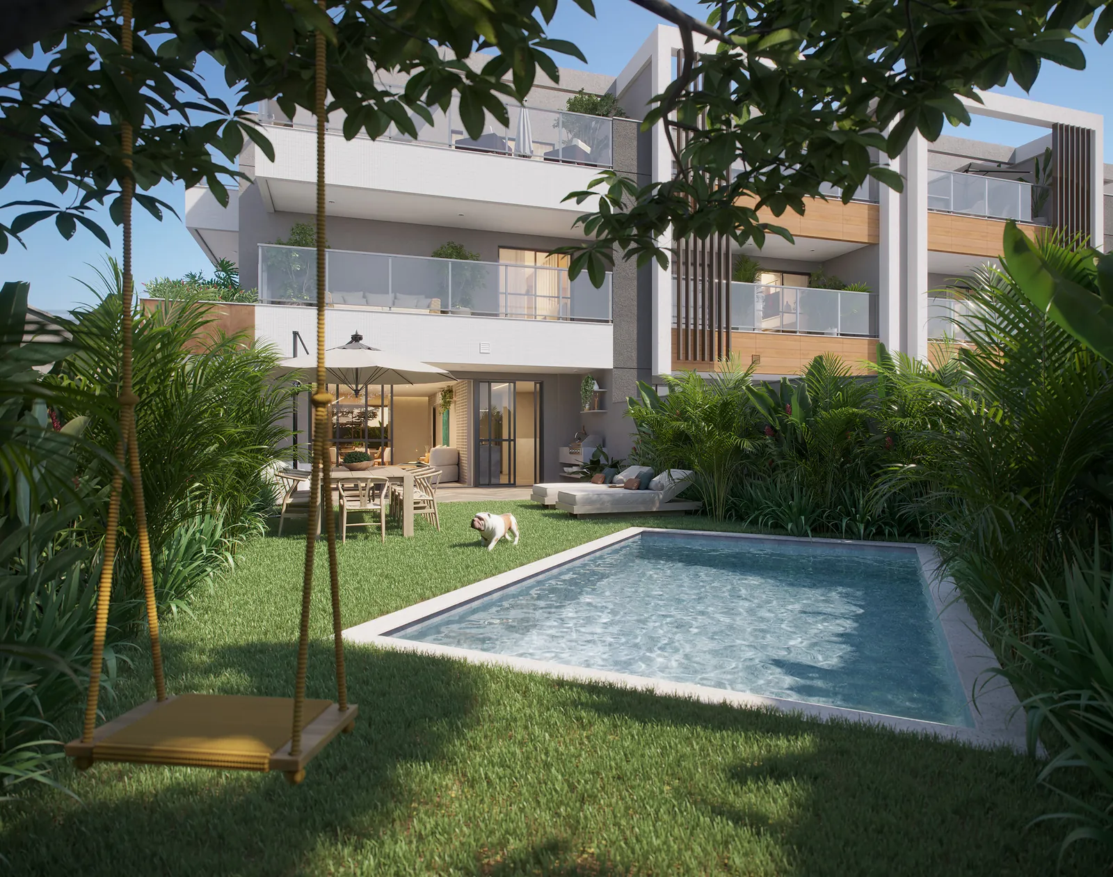 Garden da casa com piscina, deck e espreguiçadeiras