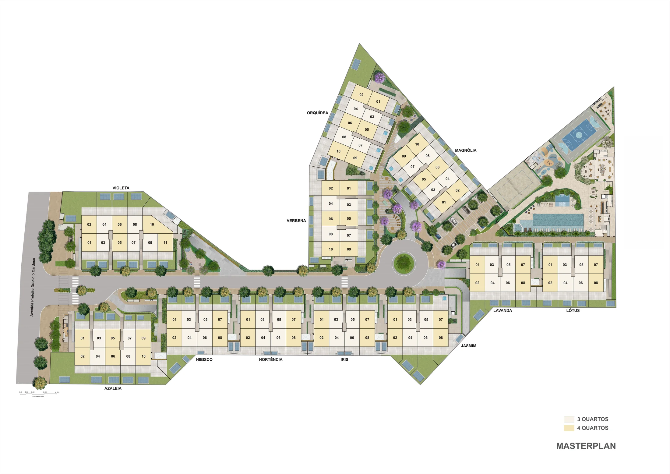 Masterplan do Claris: os onze módulos de casas, a rua interna e o clube