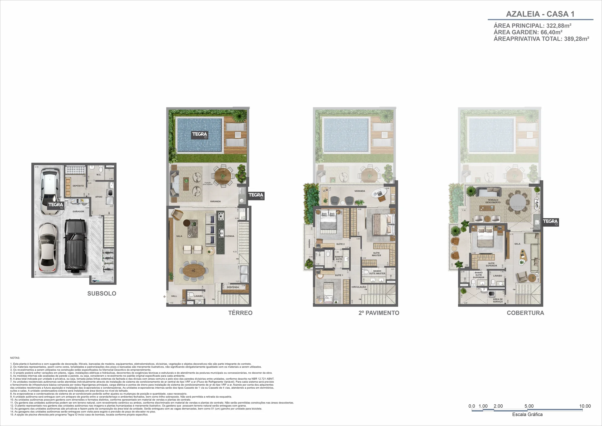 Planta humanizada: Azaleia, casa 1 · 3 suítes, com subsolo, térreo, 2º pavimento e cobertura