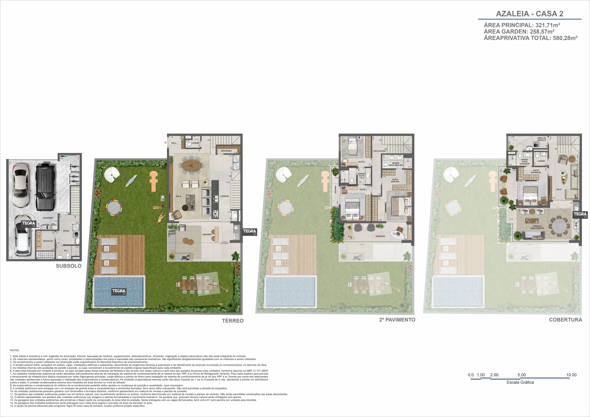 Planta humanizada: Azaleia, casa 2 · 4 suítes, com subsolo, térreo, 2º pavimento e cobertura
