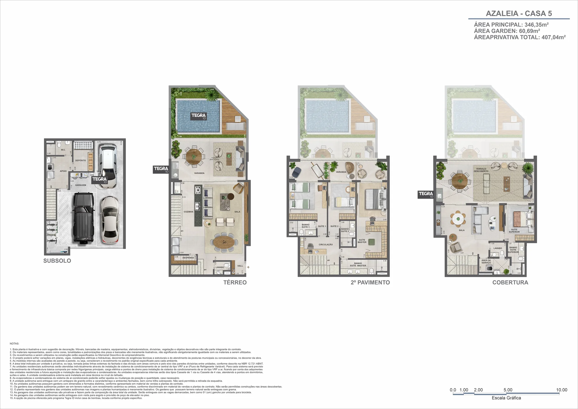 Planta humanizada: Azaleia, casa 5 · 4 suítes, com subsolo, térreo, 2º pavimento e cobertura