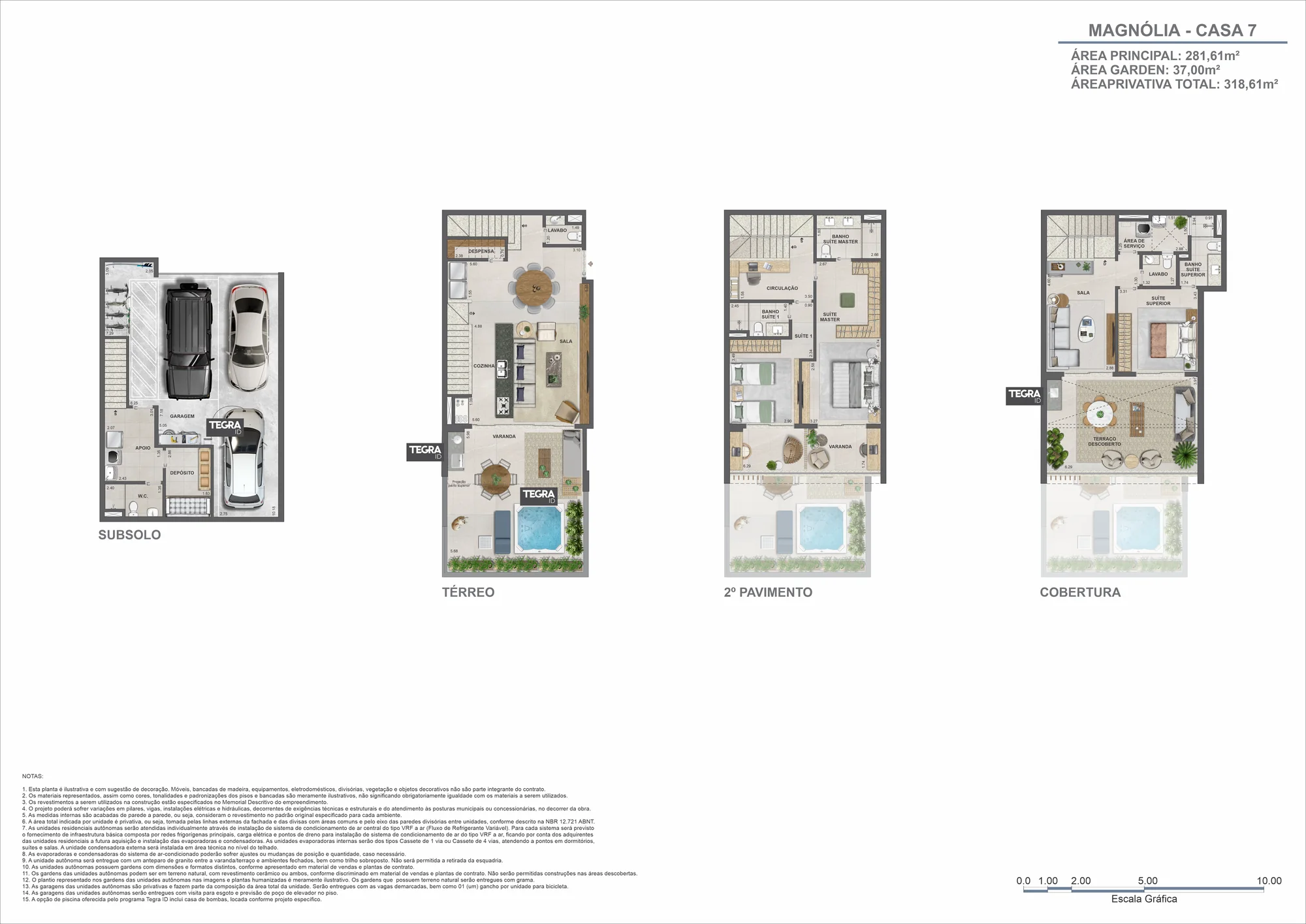 Planta humanizada: Magnólia, casa 7 · 3 suítes, com subsolo, térreo, 2º pavimento e cobertura
