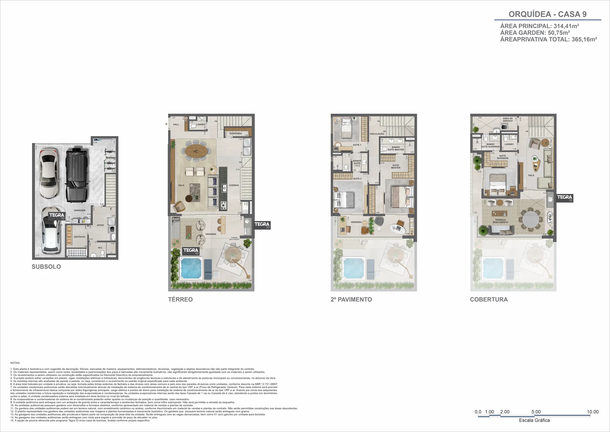 Planta humanizada: Orquídea, casa 9 · 4 suítes, com subsolo, térreo, 2º pavimento e cobertura