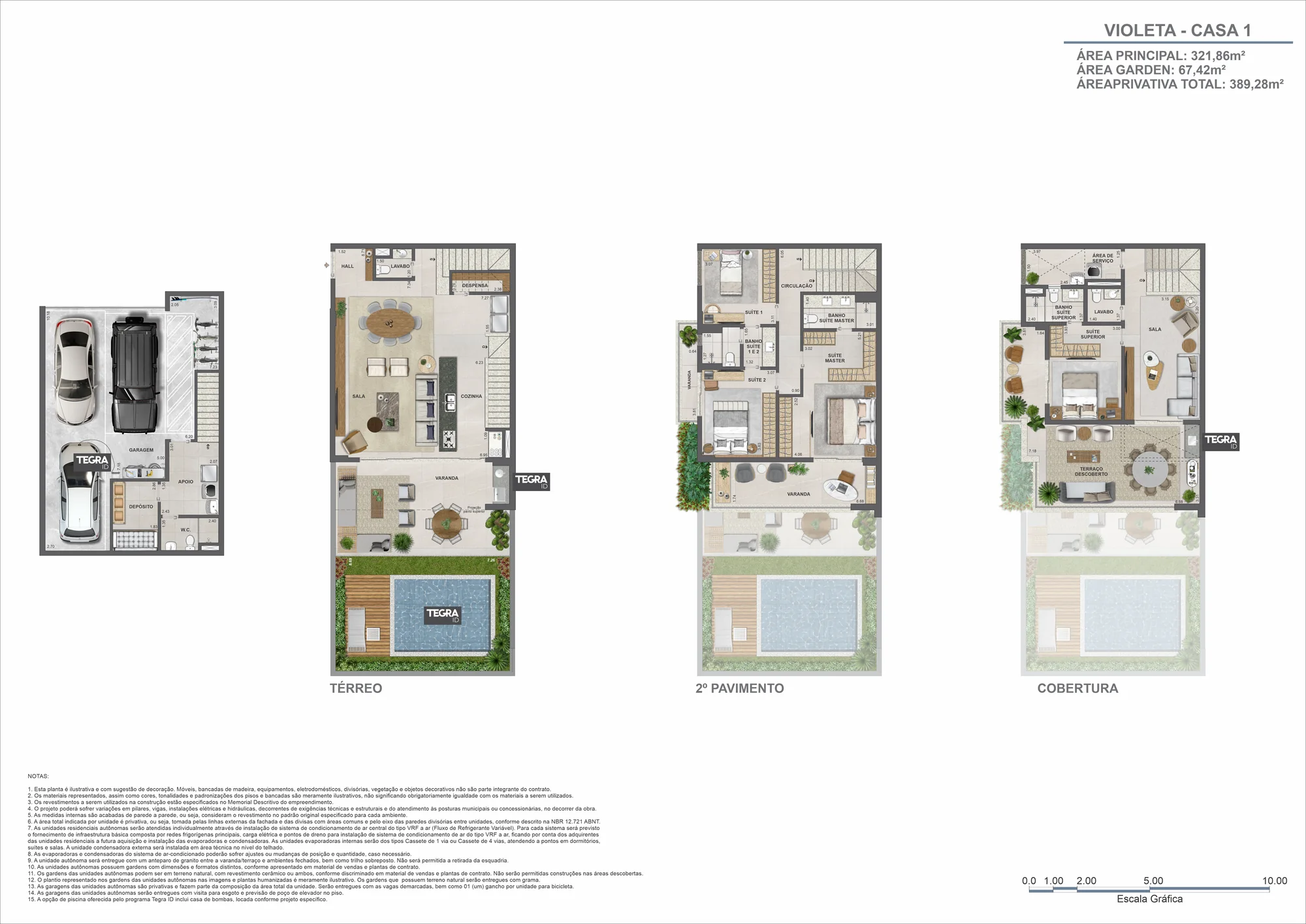 Planta humanizada: Violeta, casa 1 · 4 suítes, com subsolo, térreo, 2º pavimento e cobertura