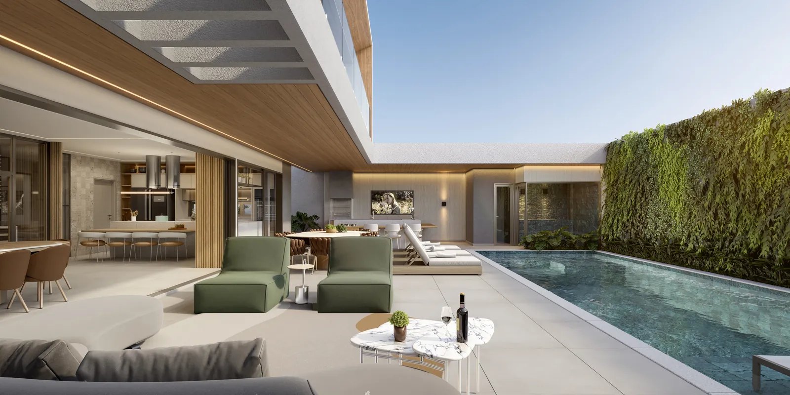 Living com portas de vidro abertas para a piscina e a área gourmet