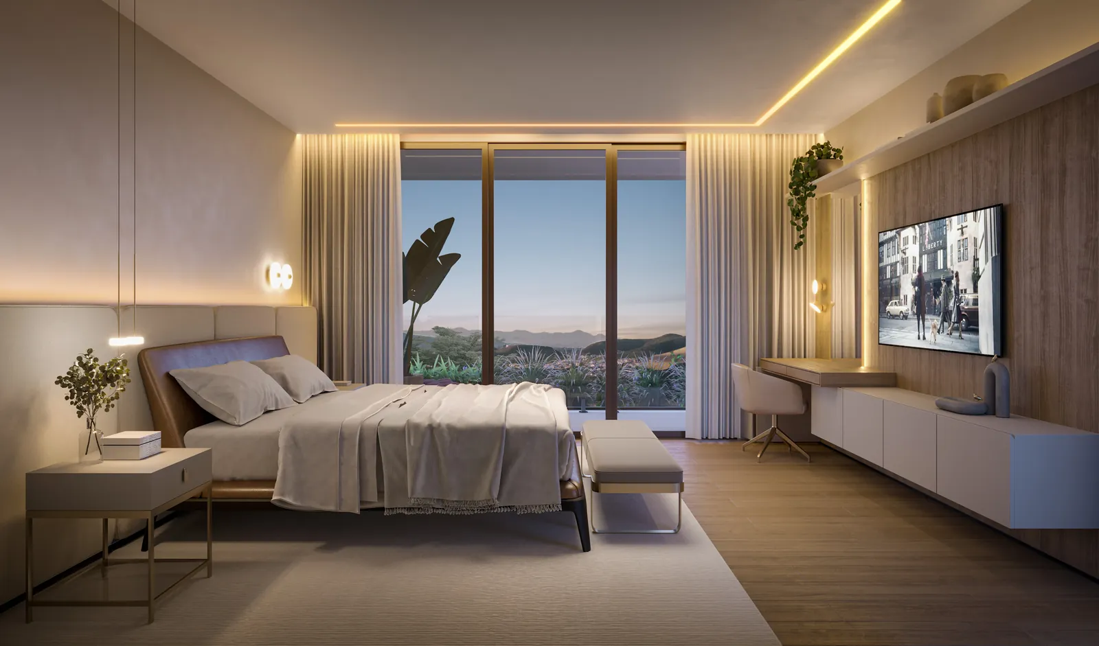 Suíte master com cama de casal e janela do chão ao teto