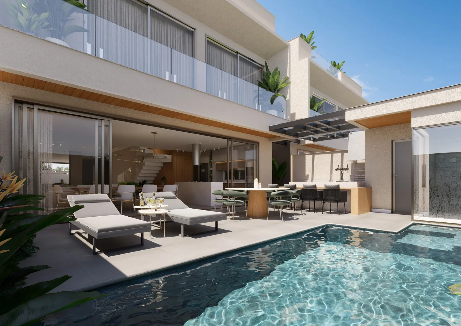 Piscina da casa da Alameda com deck e espreguiçadeiras