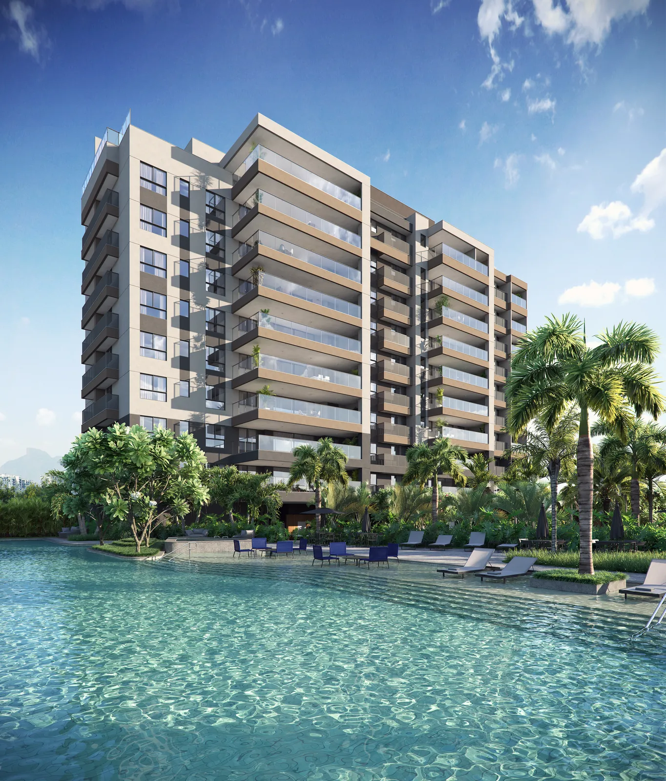 O edifício Form do Concept, com varandas de vidro e a piscina em primeiro plano