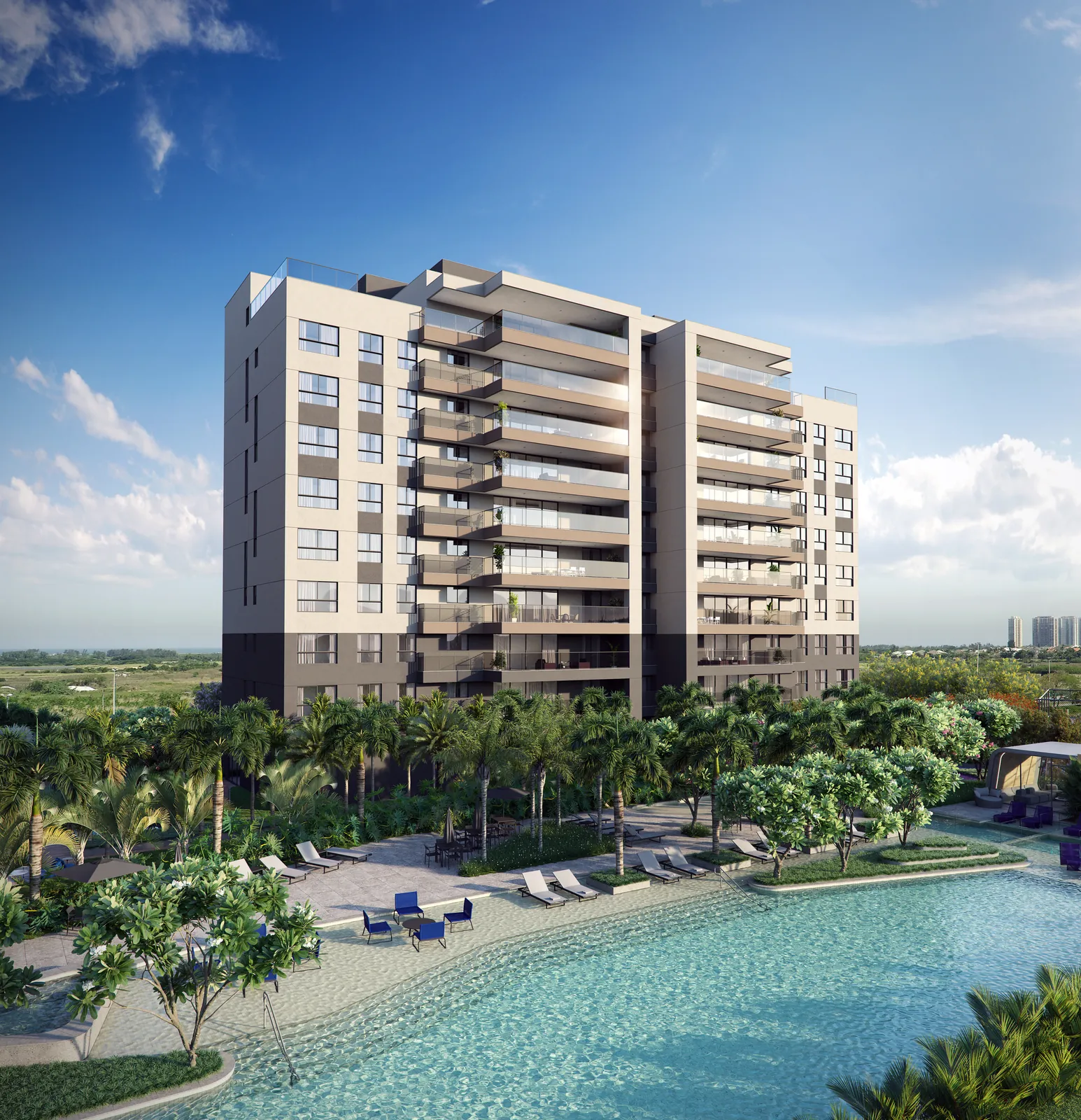 O edifício Design do Concept visto do jardim, com a piscina e palmeiras