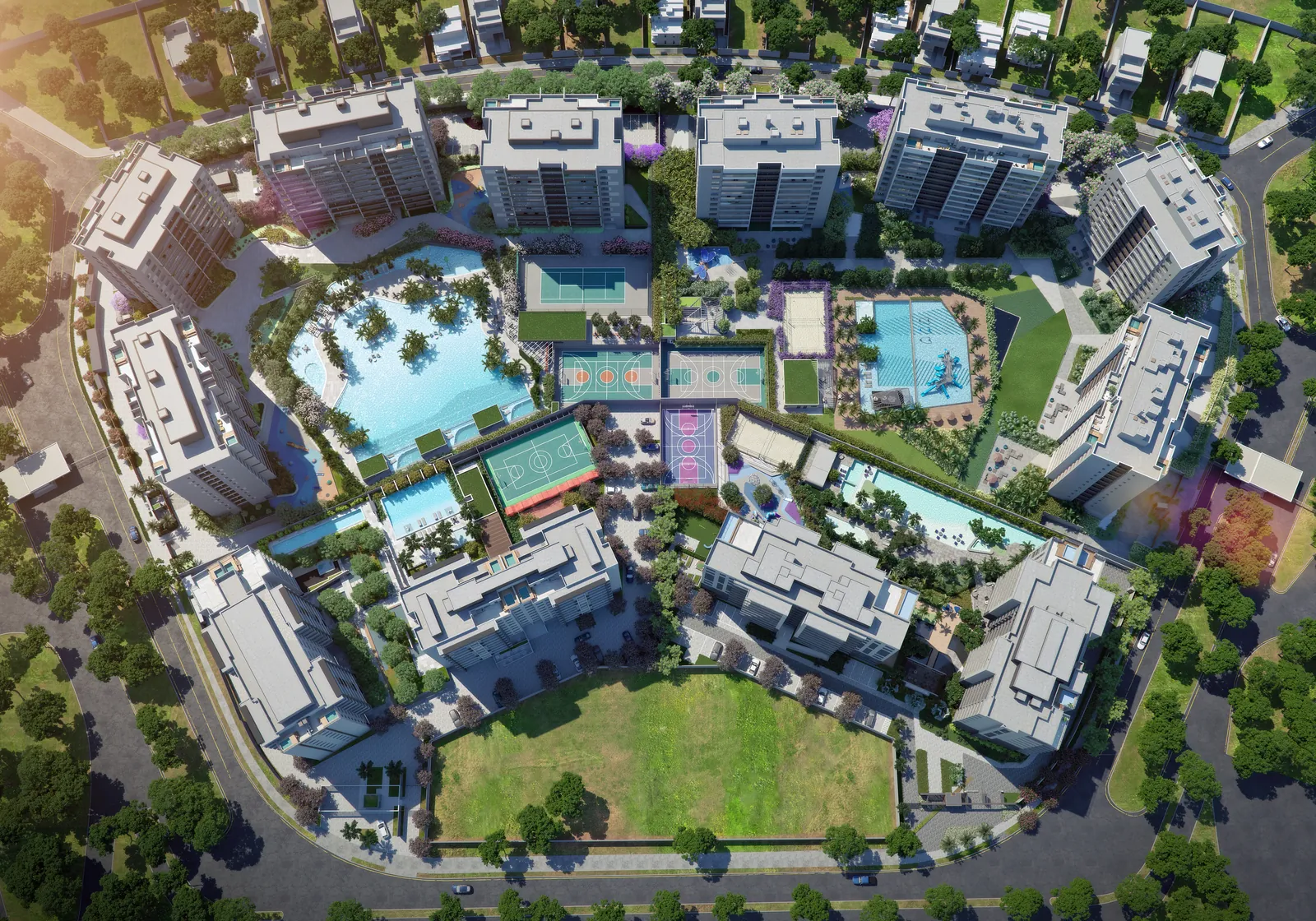 Vista do alto do Concept, com as piscinas, o jardim e os dois edifícios