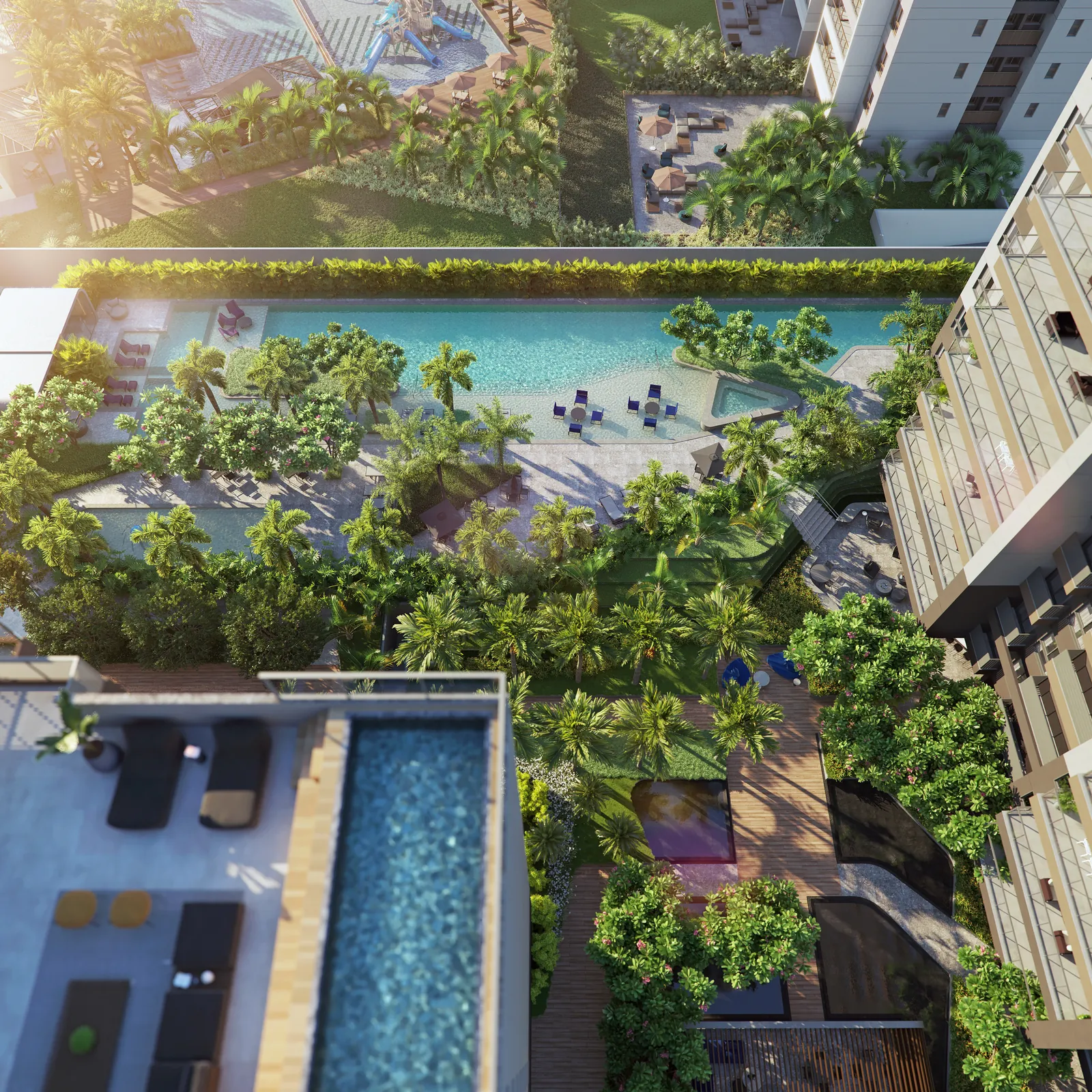 A piscina recreativa do Concept entre jardins