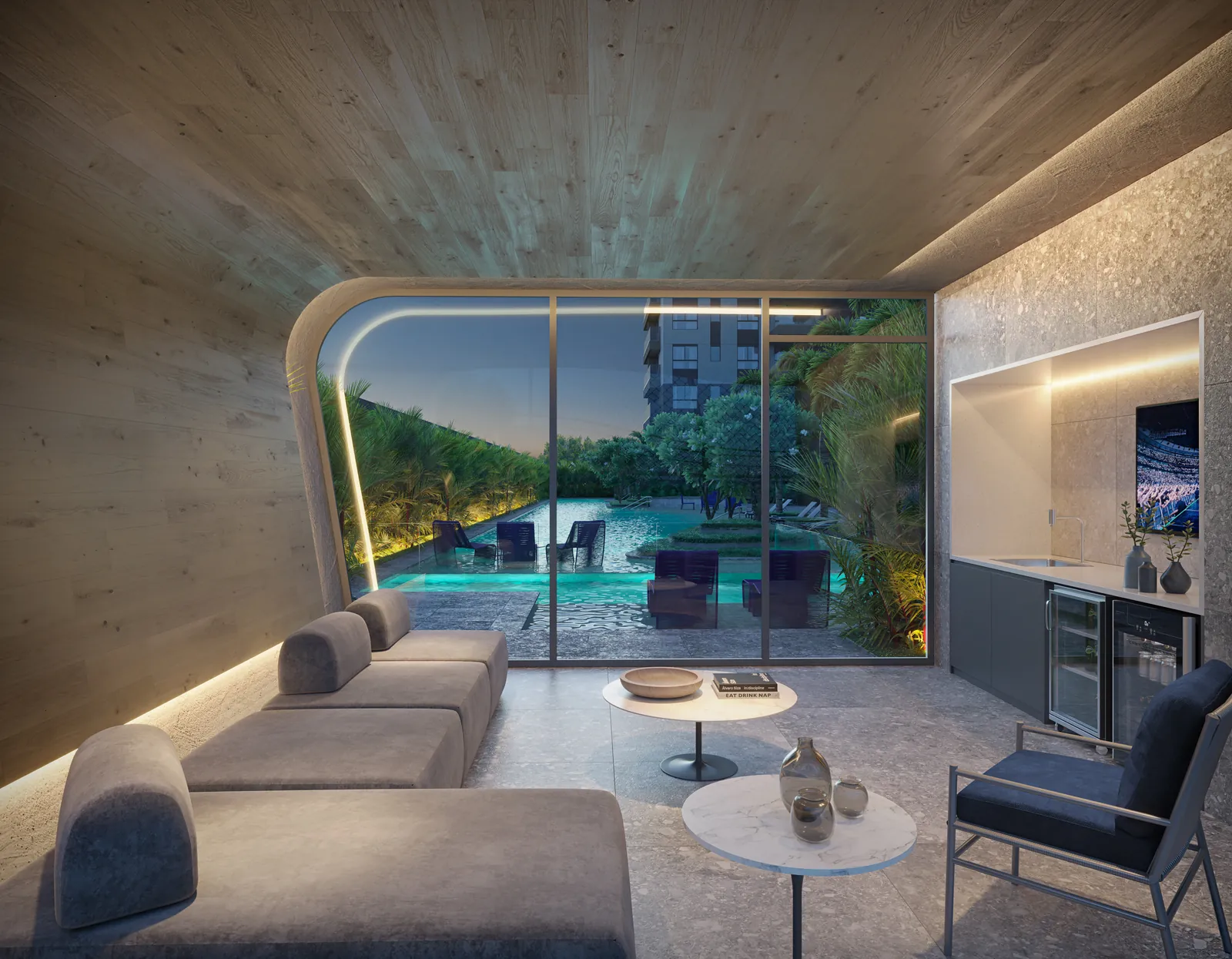 Uma pool house do Concept, com sala envidraçada e vista do jardim