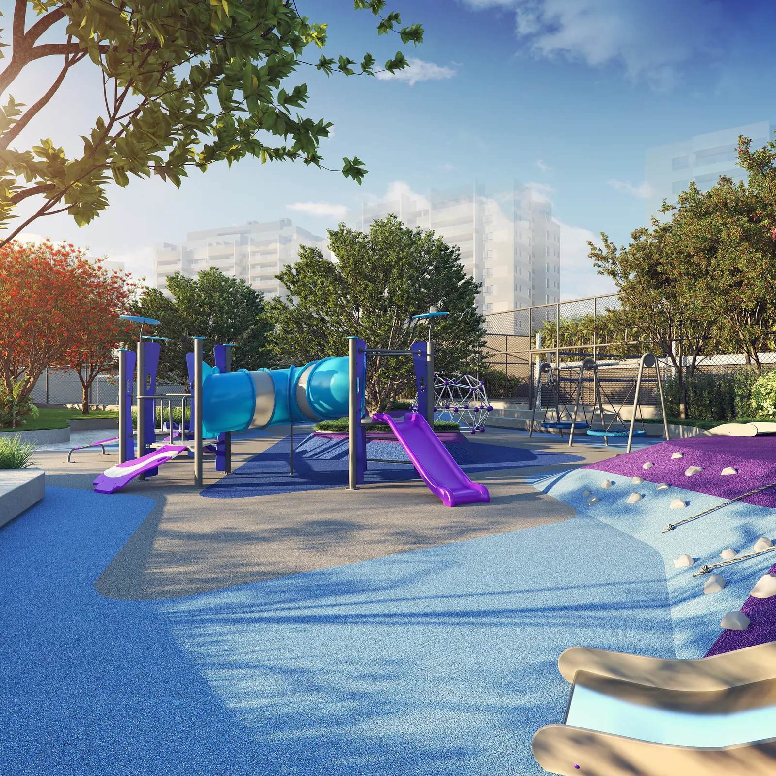 O playground do Concept, com brinquedos azuis