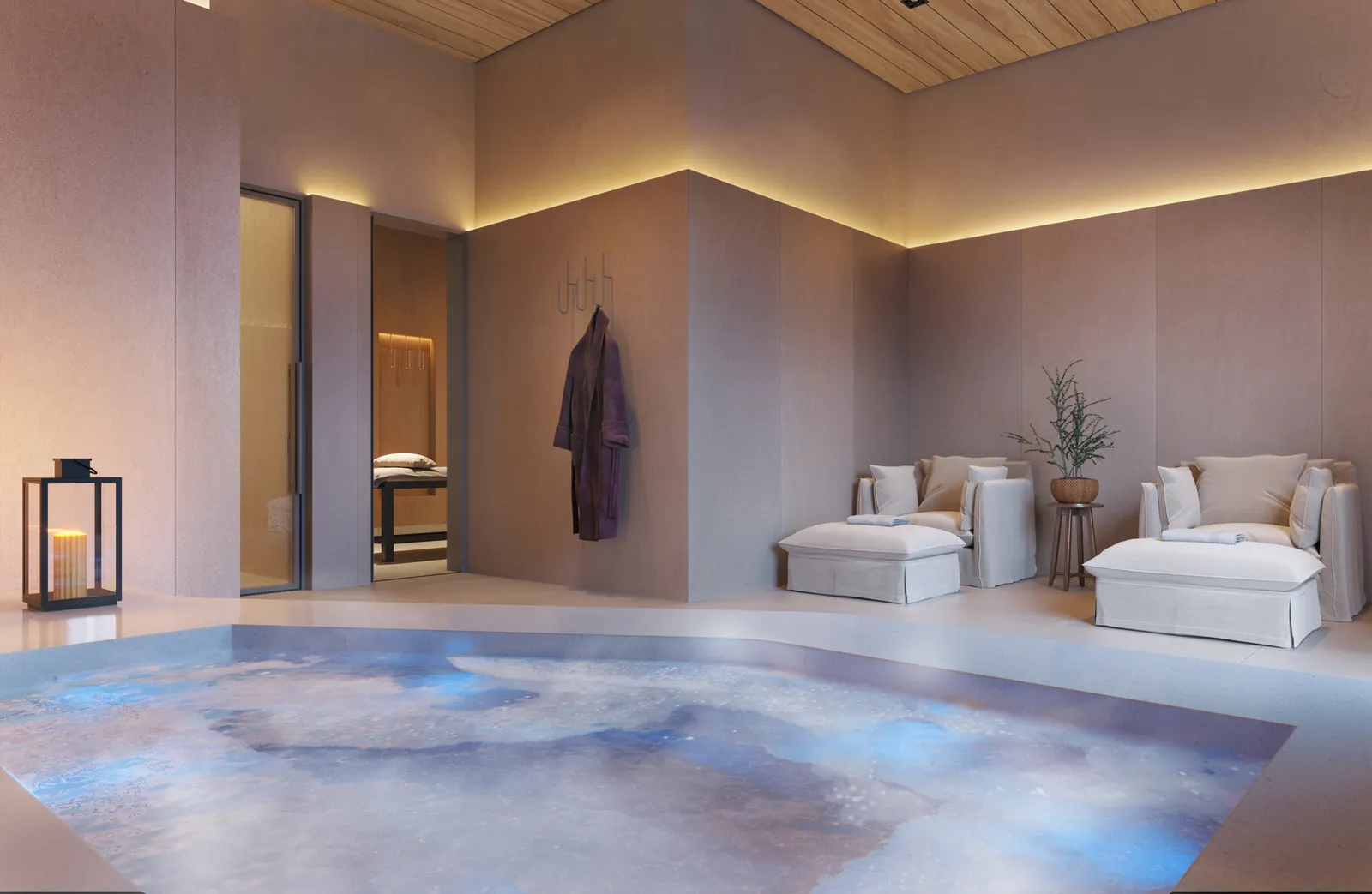 O spa do Concept, com piscina aquecida e espreguiçadeiras